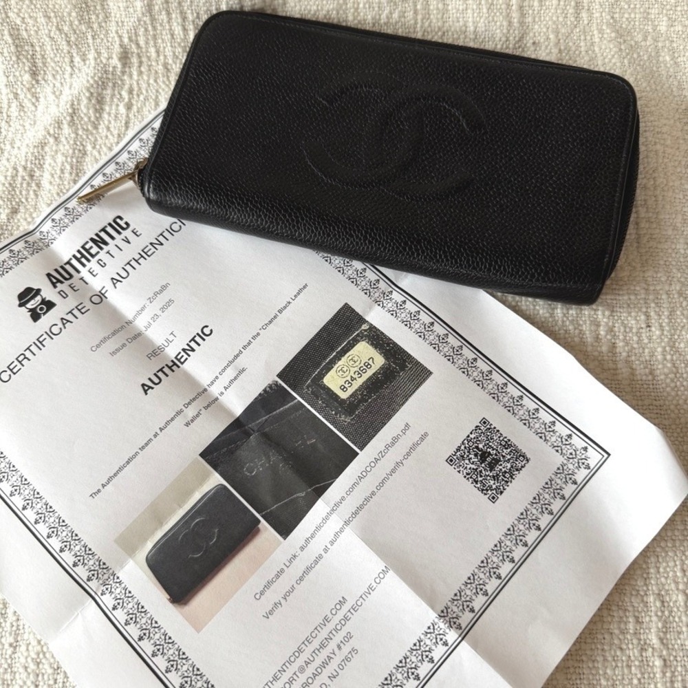 Vintage CHANEL Black Caviar Leather Zip Around Wallet‎ Coin Card Holder Pouch - Picture 8 of 8